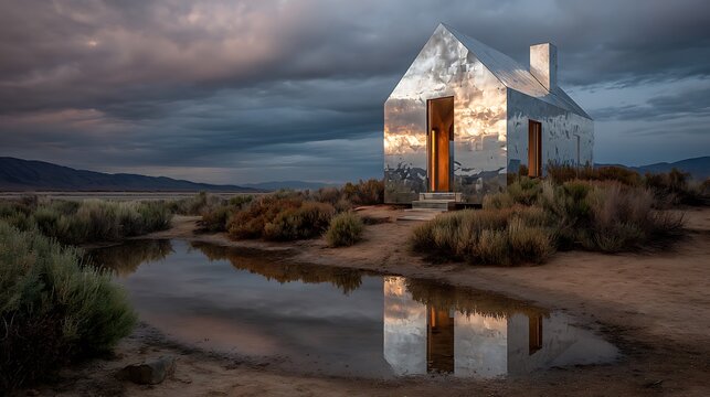 Mirroring dreams: A reflective house in the desert landscape under dramatic sky