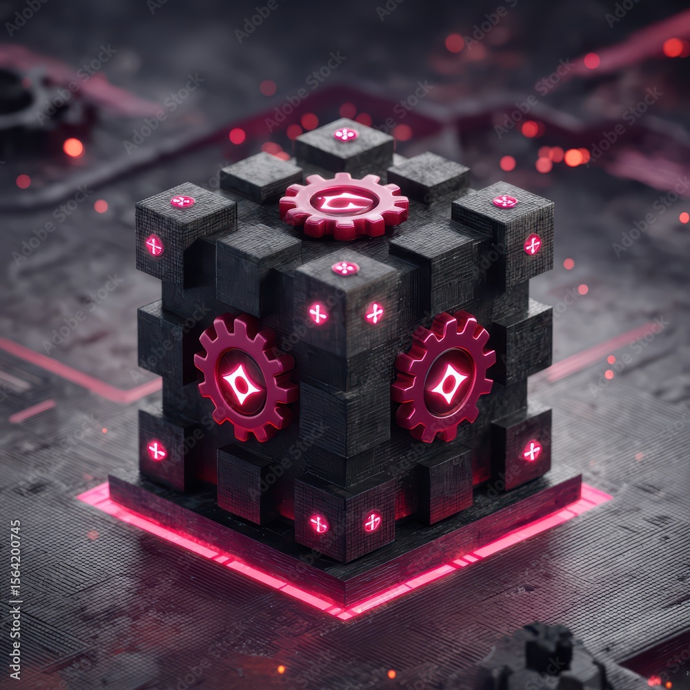 Poster futuristic black cube with gears and glowing elements on a digital background with intricate pattern