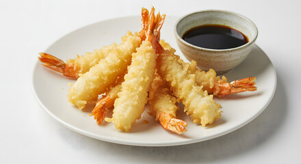 Crispy Shrimp Tempura on White Plate with Soy Sauce, Authentic Japanese Cuisine, Golden Fried Seafood, Restaurant Menu Item