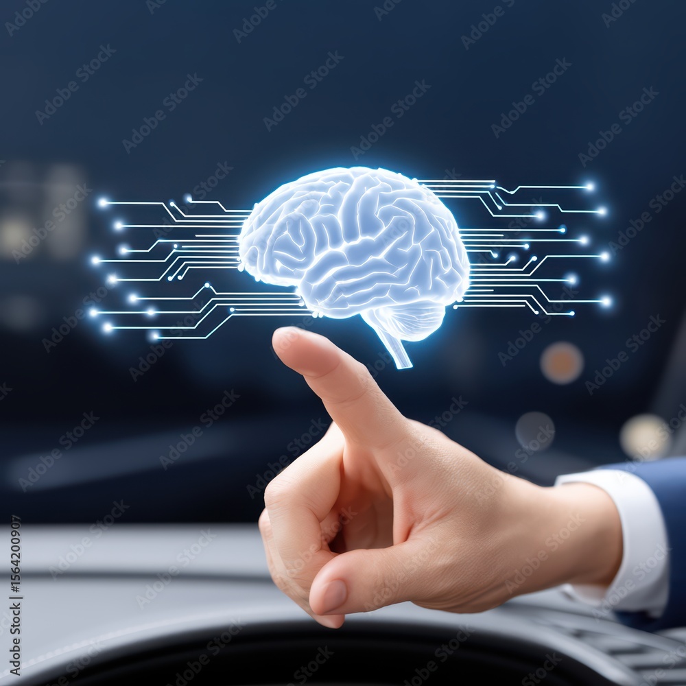 Poster human hand pointing at digital brain interface with circuit patterns in futuristic concept of techno