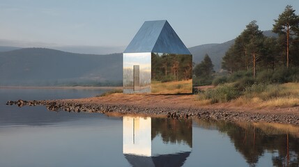 Reflective Sanctuary: A Lakeside Mirror Home Capturing Nature's Serenity