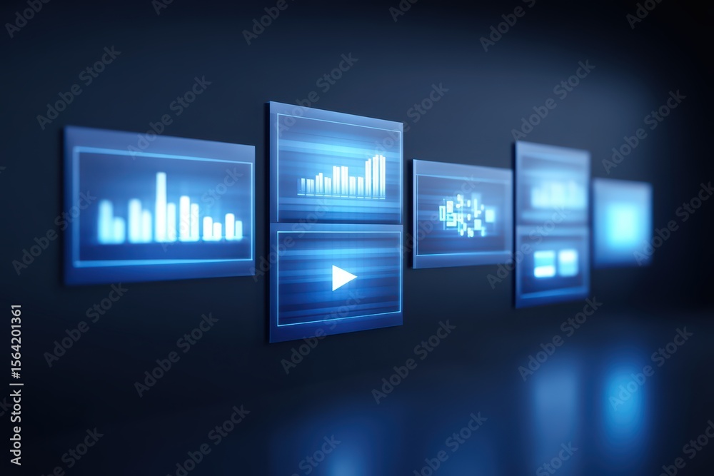 Poster futuristic digital screens displaying data visualizations and multimedia content in a modern environ