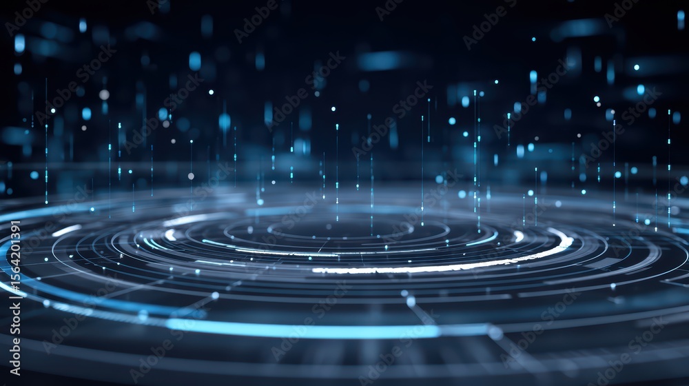 Poster abstract digital background with glowing blue particles and circular patterns creating a futuristic 