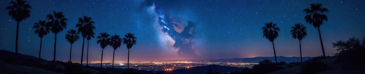 Fototapeta premium Tranquil California Night Silhouetted Palm Trees and Starry Sky Illuminated by City Lights