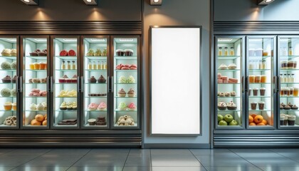 Supermarket freezer cabinets displaying various food items and beverages  