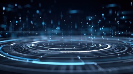 Abstract digital background with glowing blue particles and circular patterns creating a futuristic technology concept