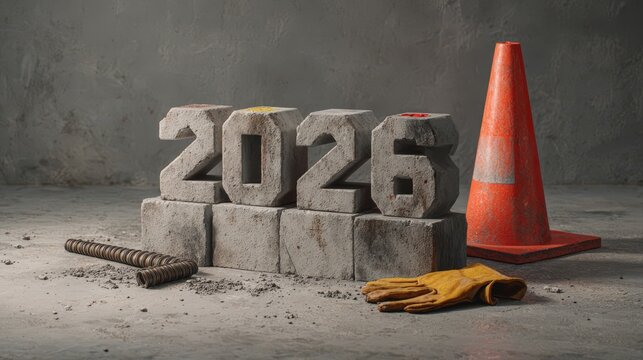 Creative mockup featuring 2026 with concrete blocks and construction tools against a gray background for festive roadwork themes
