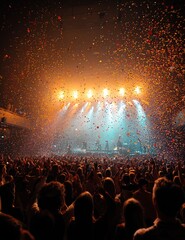 A crowded concert hall with scene stage orange and yellow lights, rock show performance, with people silhouette, colourful confetti explosion fired on dance floor air during a concert festival