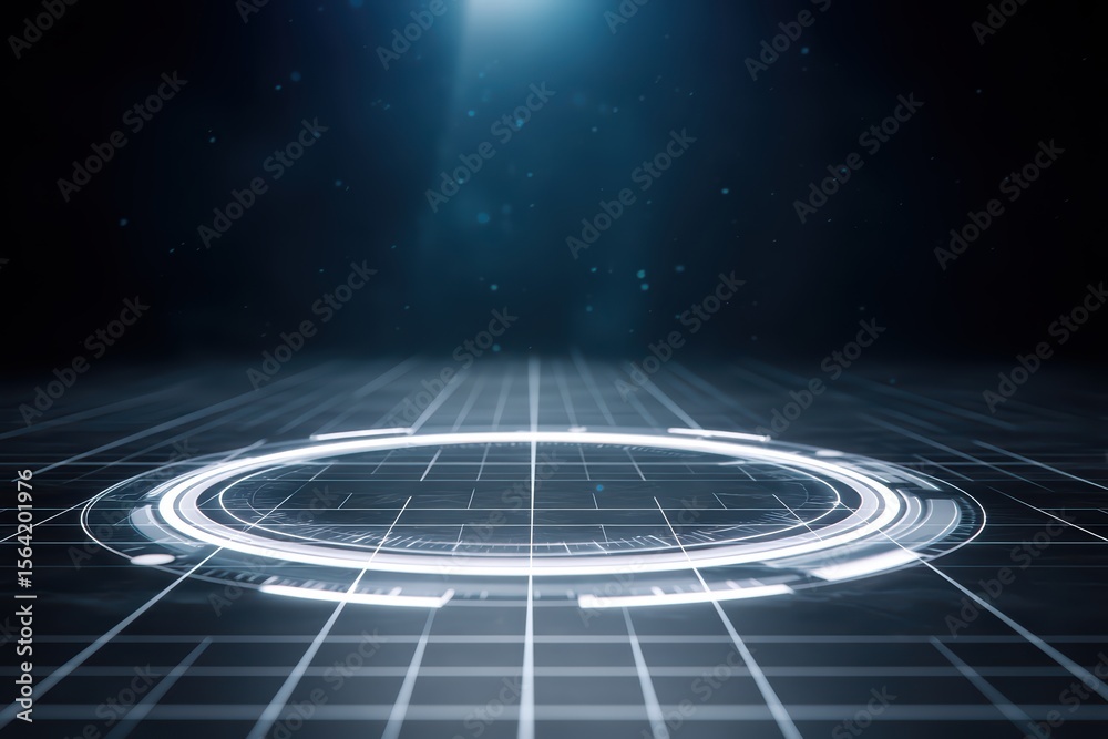 Poster futuristic digital interface with glowing circular element on dark background for technology concept
