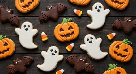 Enchanting Halloween Treats: An assortment of playfully decorated cookies, embodying classic Halloween motifs such as smiling pumpkins, whimsical ghosts, and mysterious bats.