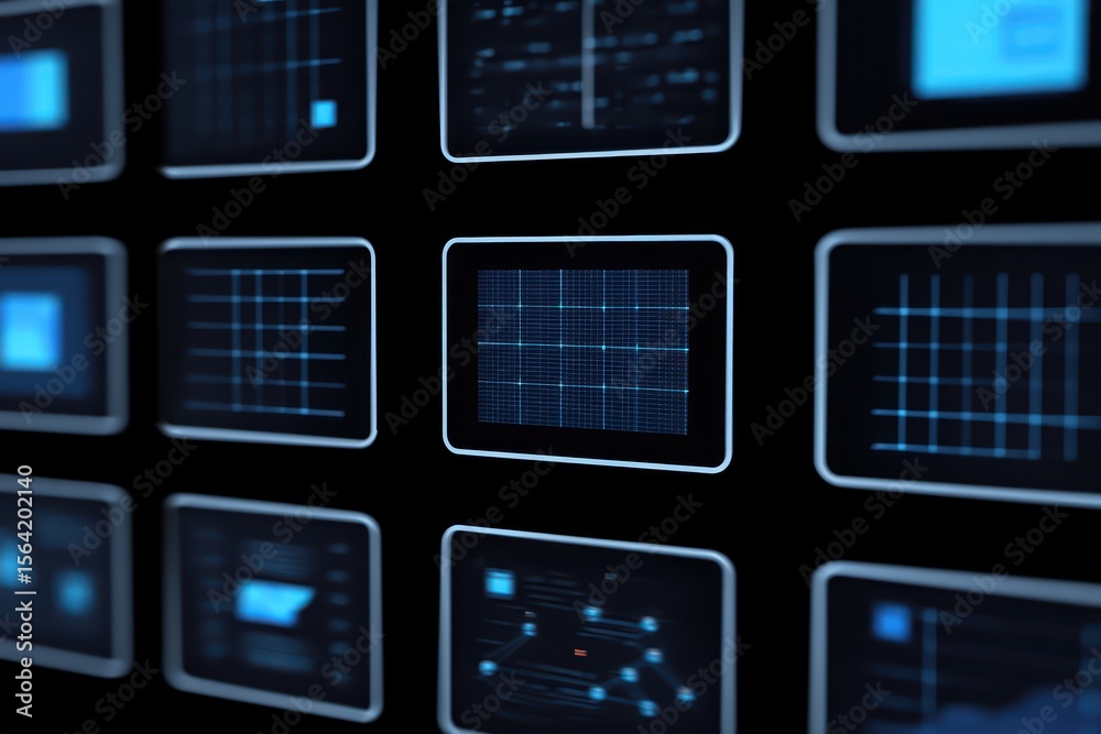 Poster seamless display of digital screens with graphs and data visualizations in a modern interface enviro