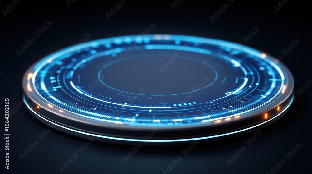 Poster futuristic blue circular interface design with glowing patterns and technological elements on a dark