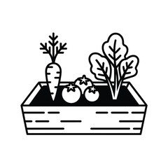 Black and white illustration of a wooden crate filled with fresh vegetables