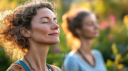 Obraz premium A serene woman with closed eyes enjoys a peaceful moment outdoors, with another blurred figure meditating in the background amid warm natural light.