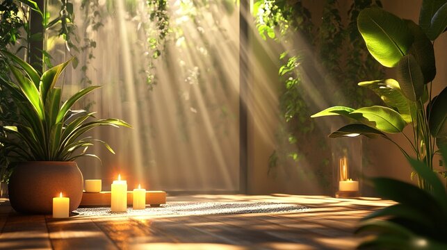 Sunlight streams through greenery, illuminating a tranquil space with potted plants and glowing candles on a wooden surface.