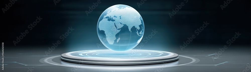 Poster 3d digital earth globe on floating platform with holographic projection in dark background for techn