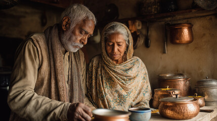Elderly couple preparing food together in rustic kitchen at home
