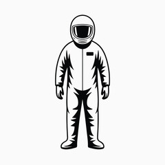 Stylized black and white illustration of a person in a racing suit and helmet