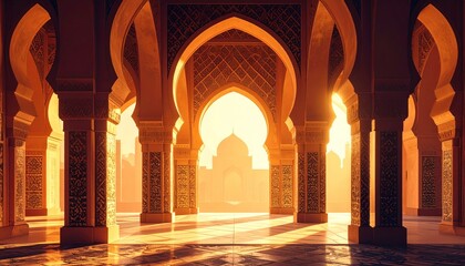Majestic sunrise illuminating ornate arches in a grand historical palace