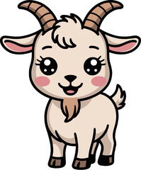 Cartoon of a cute goat with big eyes and small horns standing on a white background
