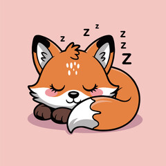 Cartoon of a sleeping fox curled up with zzz symbols on a light pink background