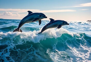 Fototapeta premium Dolphins leap joyfully above breaking ocean waves, sunlight sparkling on their sleek bodies, mammal, leap