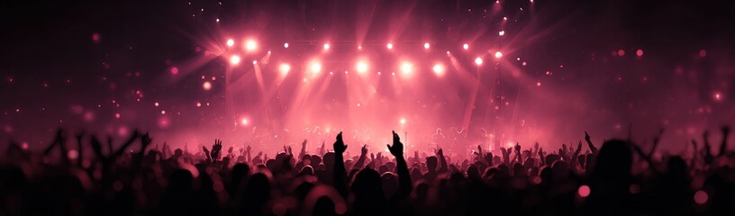 Rock Concert. Electronic Dance Music Festival. Silhouettes of concert crowd in front of bright stage lights, Colorfull background. Generative AI. High quality