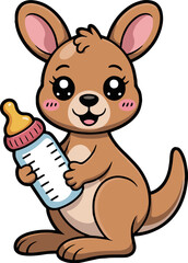 Cartoon kangaroo holding a baby bottle with a cute expression on a white background