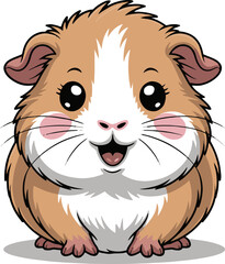 Cartoon guinea pig with brown and white fur and big eyes on a white background