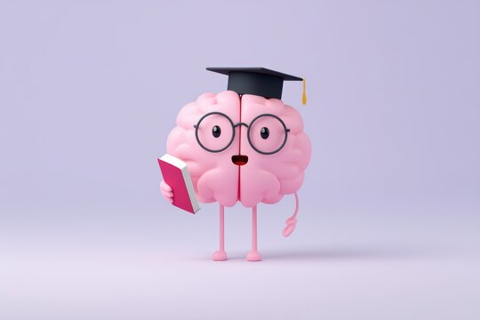 Cute and Friendly Cartoon Brain Character Wearing Graduation Cap Holding Book on Purple Background
