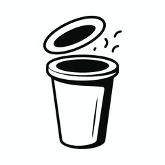 Stylized black and white illustration of an open cup with a lid and splashes