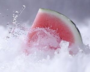 Refreshing Watermelon Slice Splashing in Ice Water