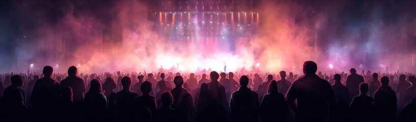 Rock Concert. Electronic Dance Music Festival. Silhouettes of concert crowd in front of bright stage lights, Colorfull background. Generative AI. High quality
