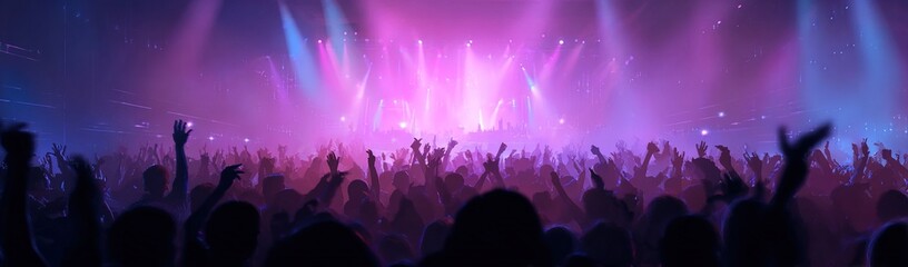 Rock Concert. Electronic Dance Music Festival. Silhouettes of concert crowd in front of bright stage lights, Colorfull background. Generative AI. High quality