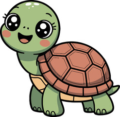 Cartoon turtle with big eyes and a smile standing on a white background in a digital vector