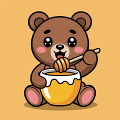 Cartoon bear sitting and holding a pot of honey with a honey dipper on a yellow background vector