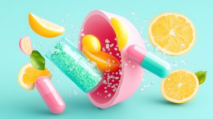 Vibrant Lemon Slices Capsules and Sparkling Water 3D Render
