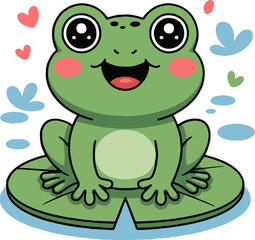 Naklejka premium A cartoon frog with big eyes sitting on a lily pad surrounded by hearts and water droplets design