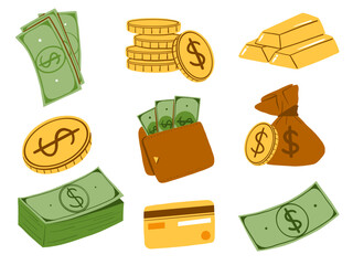 Hand Drawn Finance And Money Collection. A collection of 9 hand drawn icons featuring dollar bills, coins, gold bars, wallets, and credit cards in a playful style. Perfect for money themed designs