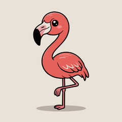 Cartoon flamingo standing on one leg with pink feathers and a black and pink beak on a beige background
