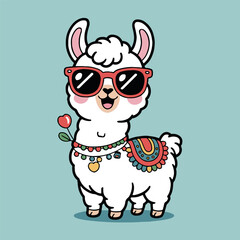 Cartoon llama wearing sunglasses and a colorful saddle with a flower on a light blue background