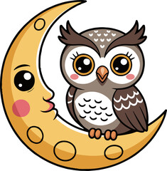 Cartoon owl with big eyes perched on a crescent moon with a face on a white background drawing