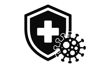 Shield with medical cross protecting against virus symbol concept