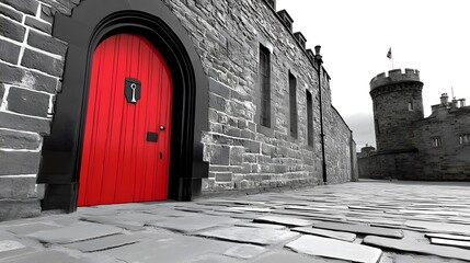 Red Door Stone Castle Wall Cobblestone Path
