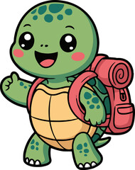 A cartoon turtle with a pink backpack giving a thumbs up and smiling on a white background isolated