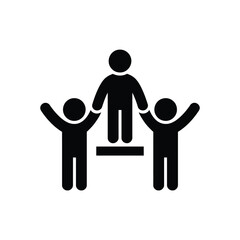 Three stylized figures in black one standing on a podium with two others holding hands