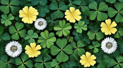 Vibrant Yellow Flowers and Green Clover Leaf Pattern