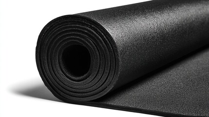 Rolled black exercise mat; thick, dense, textured surface; tightly wound; partially unfurled, showing layers and a slight shadow against a white background