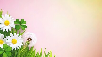Spring Flowers Dandelion Daisies Clover Pink Background