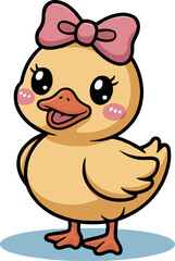 Cartoon yellow duckling with a pink bow on its head stands on a light blue circle on a white background